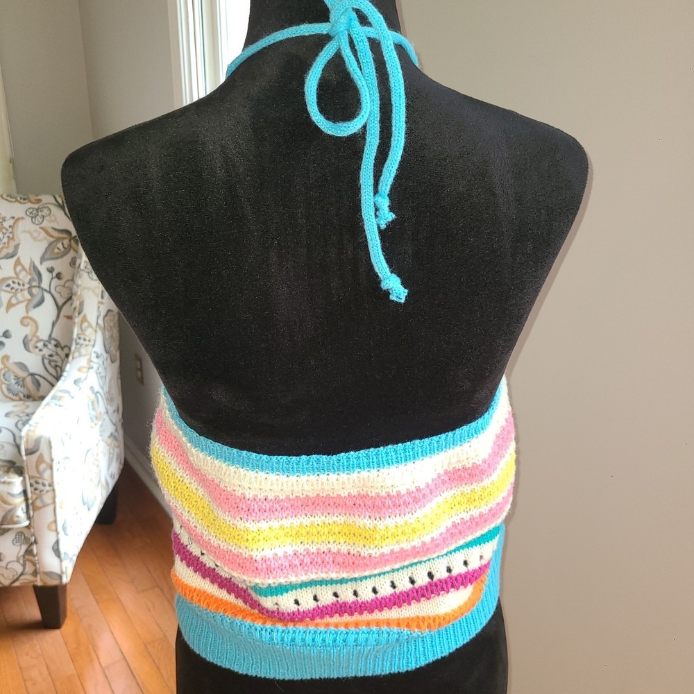 Blue Pink striped halter Polyester BoHo Festival SUmmer Fun and Sun Festival - Picture 2 of 9